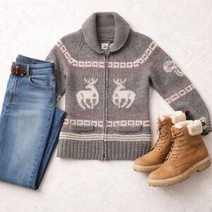 TNA 100% Lambswool Deer Fair Isle Zip Cardigan Sweater Medium Grey Nordic Cabin